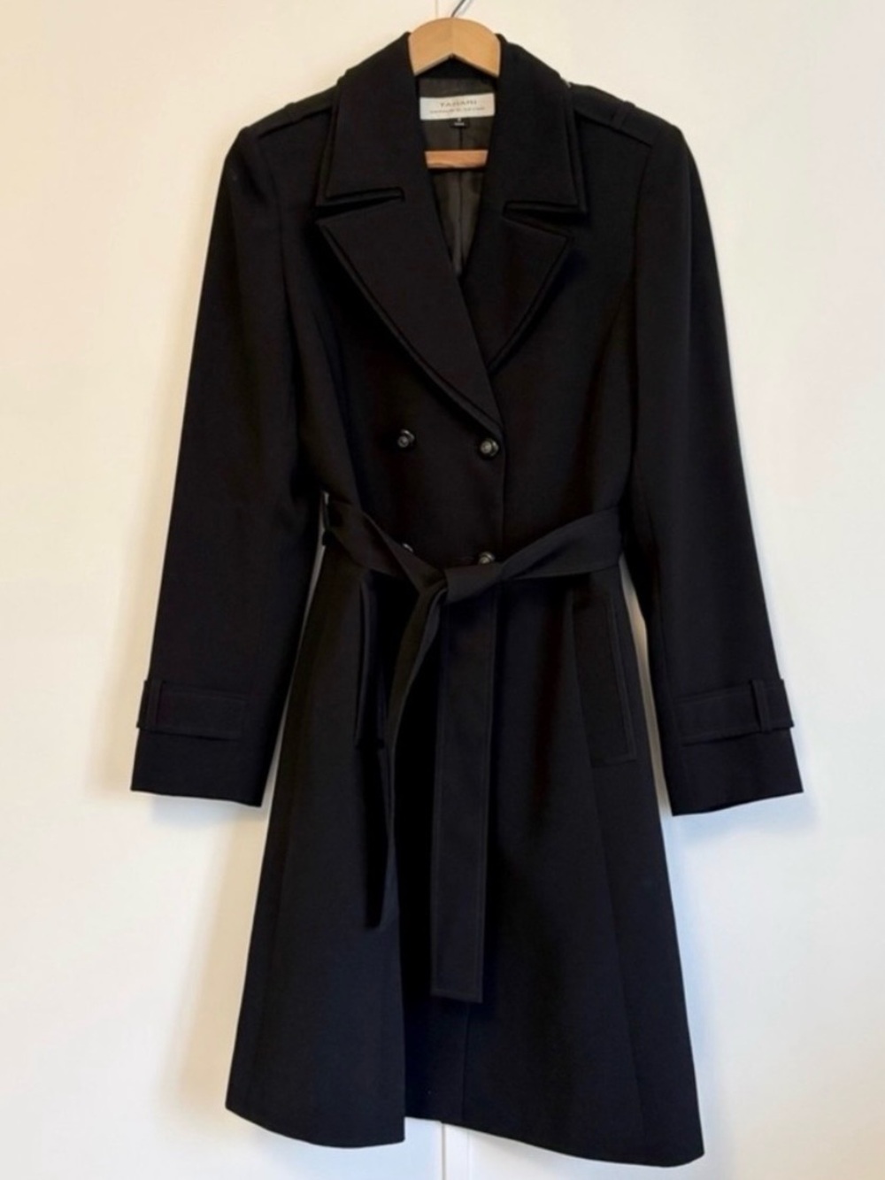Tahari Classic Double-Breasted Black Wool Trench Coat with Belt 6